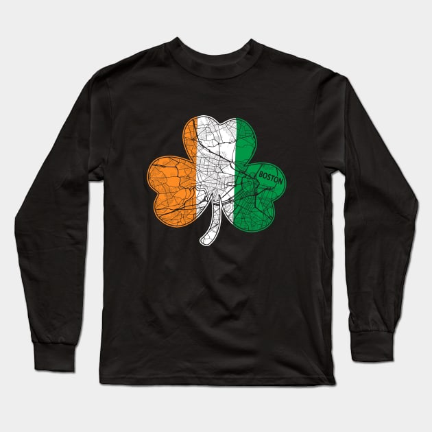 Irish Flag Boston St. Patrick's Shamrock Boston City Map Art Long Sleeve T-Shirt by TeeCreations